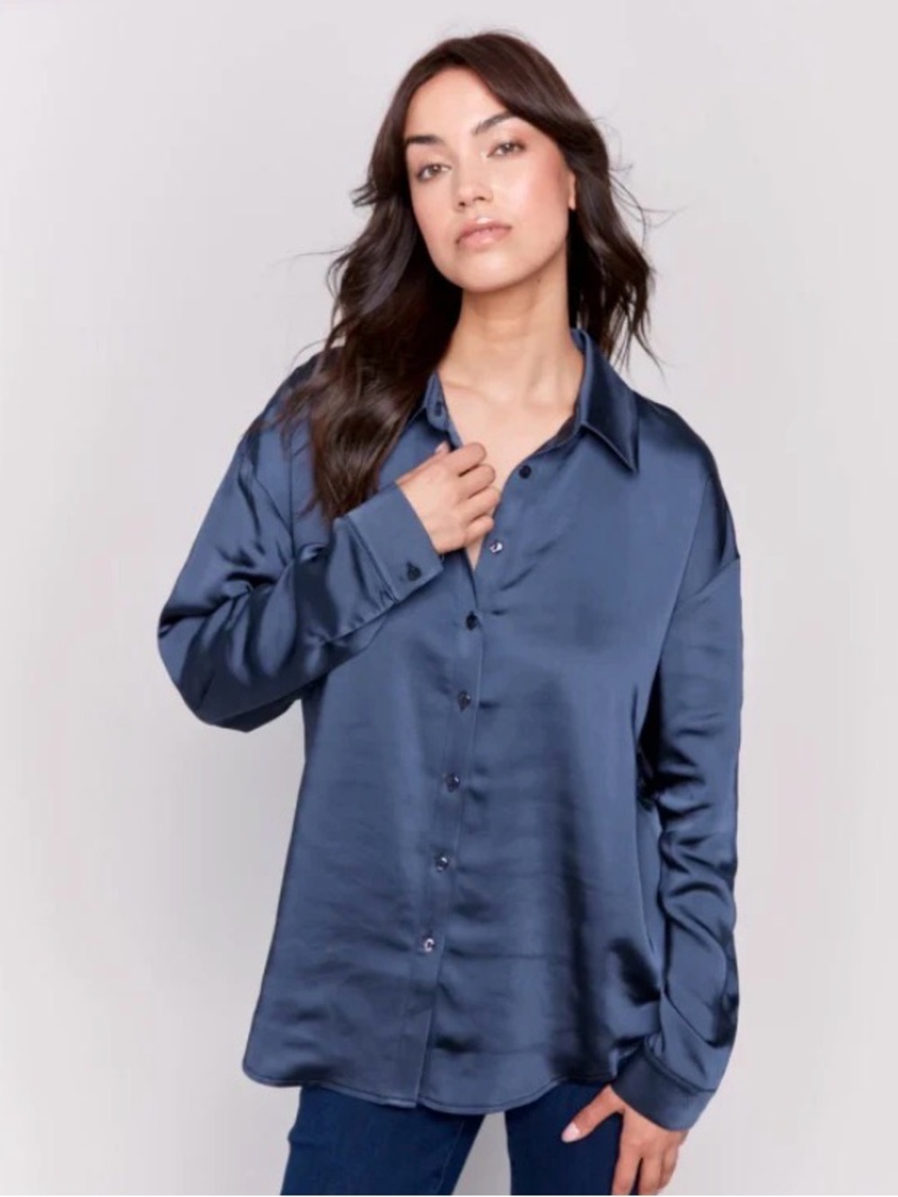 Charlie B navy Satin Button-Down Shirt